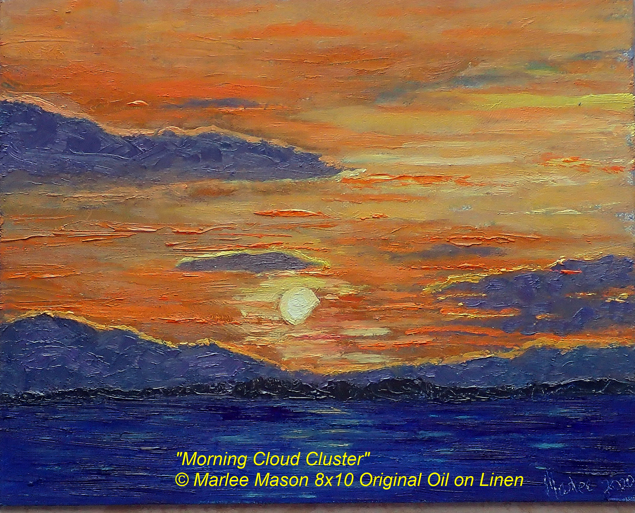 Original oil on linen board 8x10"   Every day I walk at sunrise.  I am often welcomed by the beautiful sunrise as I travel from dark to light with each day a creation by God as unique as each person i